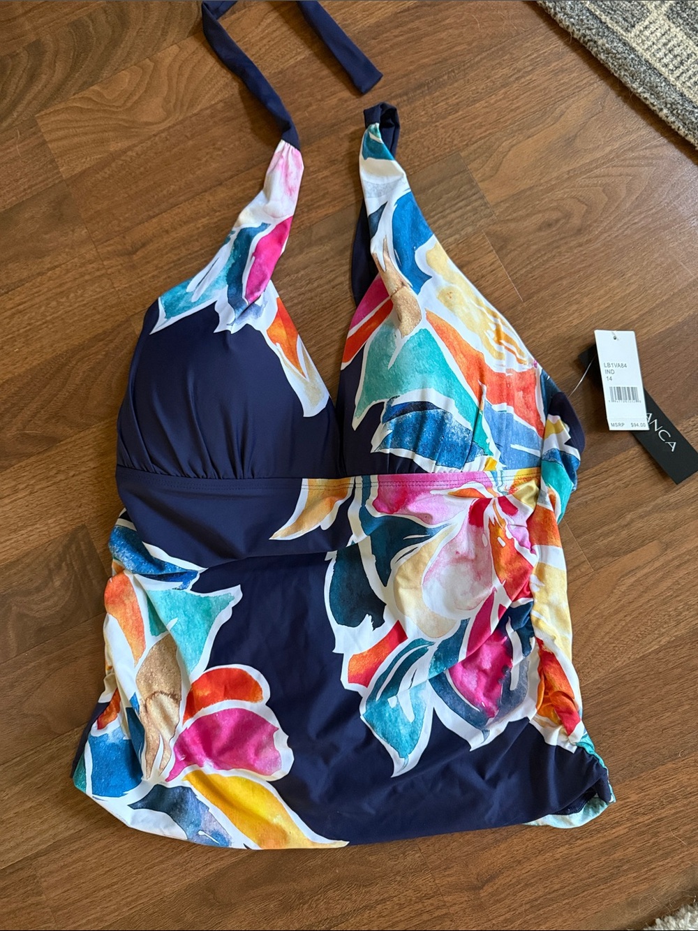 La Blanca Navy Halter Tankini Top with Multicolor Floral Print NWT